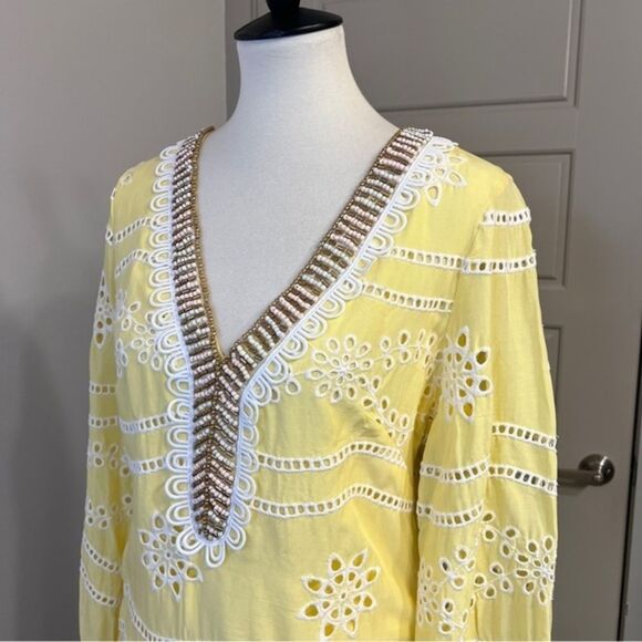 Boston Proper Embellished Beaded Crochet Lace Tunic Dress Yellow Sz Small NEW - Picture 5 of 11